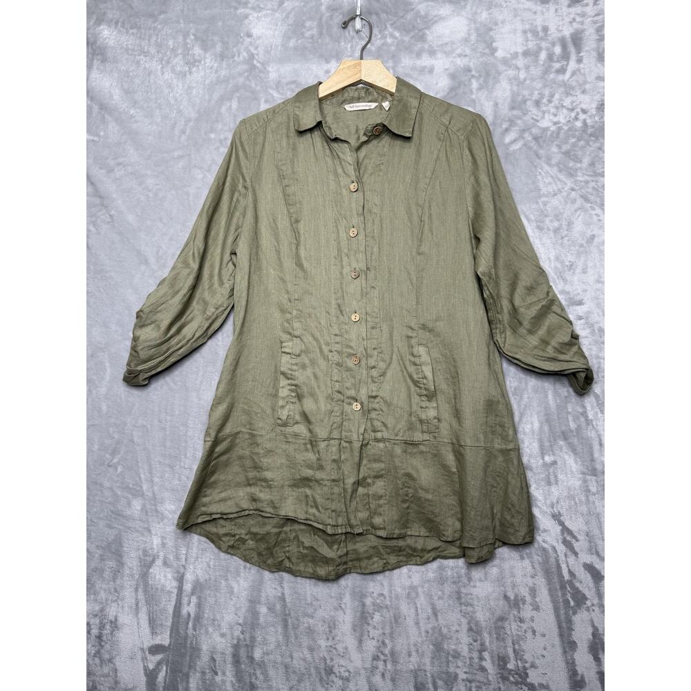 Soft Surroundings Tunic Top Womens Small Green 100% Linen Button Up Roll Tab